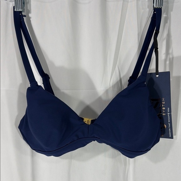 Navy Blue Bikini Top with Gold Metal Strap and Seamless Cups Size Small - Picture 1 of 8